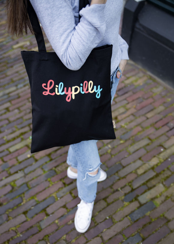 Organisch katoenen zwarte shopper met multicolour Lilypilly artwork (premium)