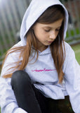 Gray Dreamteam kids organic cotton hoodie with pink artwork