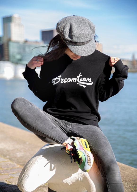 Zwarte Dreamteam sweater van biologisch katoen met wit printed artwork freeshipping - Lilypilly